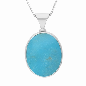 9ct White Gold Whitby Jet Turquoise King's Coronation Hallmark Double Sided Oval Necklace D