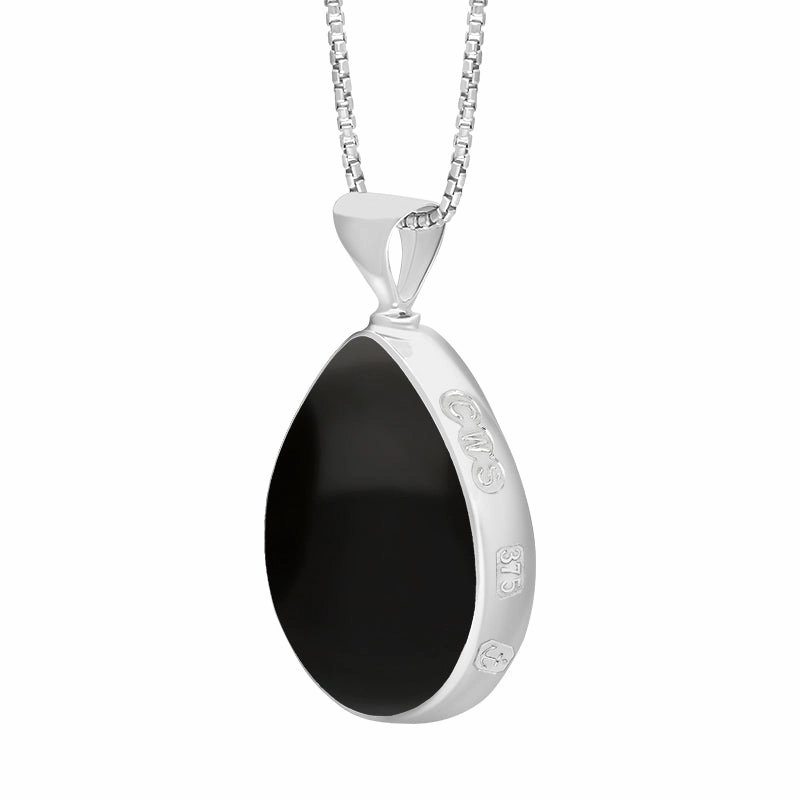 9ct White Gold Whitby Jet Turquoise King's Coronation Hallmark Double Sided Pear-shaped Necklace D