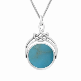 9ct White Gold Whitby Jet Turquoise Round Swivel Fob Necklace