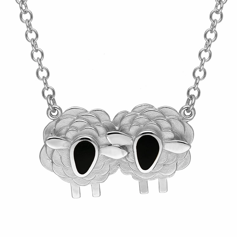 9ct White Gold Whitby Jet Two Large Sheep Necklace