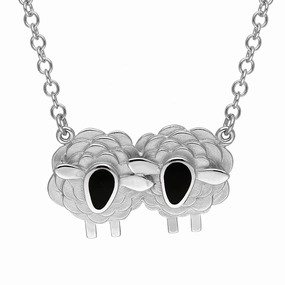 9ct White Gold Whitby Jet Two Large Sheep Necklace