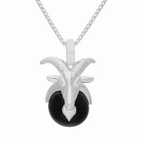 9ct White Gold Whitby Jet Zodiac Capricorn 9mm Bead Pendant