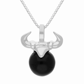 9ct White Gold Whitby Jet Zodiac Taurus 10mm Bead Pendant
