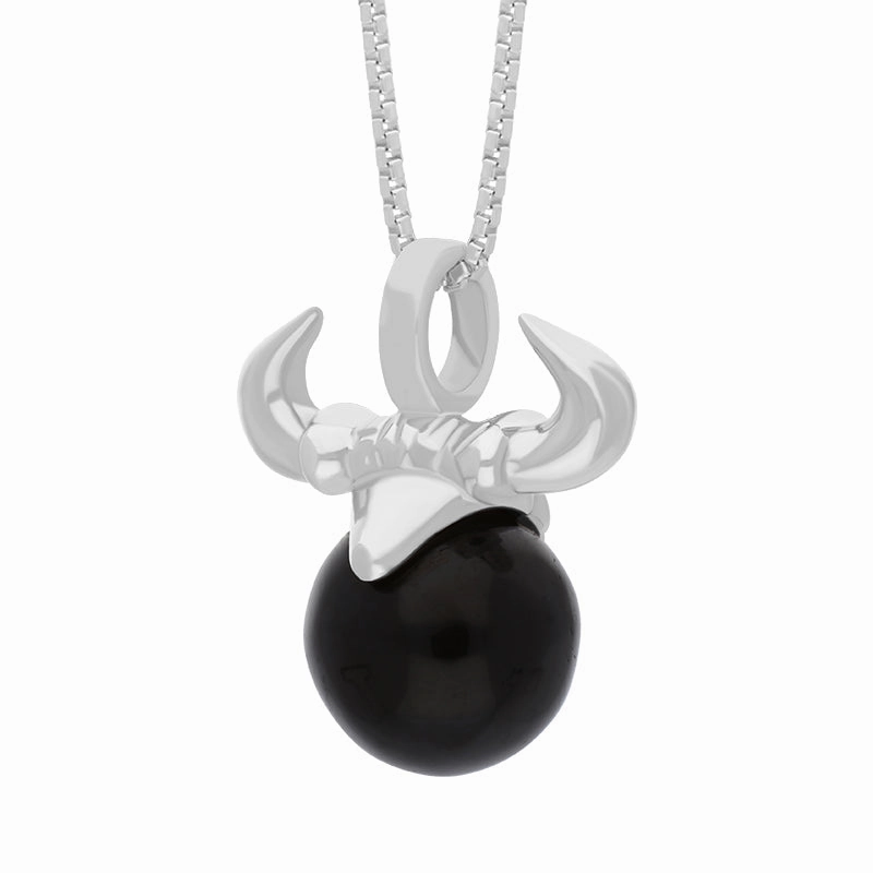 9ct White Gold Whitby Jet Zodiac Taurus 10mm Bead Pendant