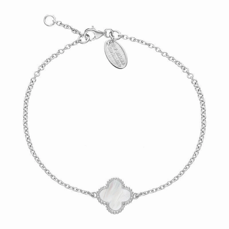 9ct White Gold White Mother of Pearl Bloom Four Leaf Clover Ball Edge Chain Bracelet