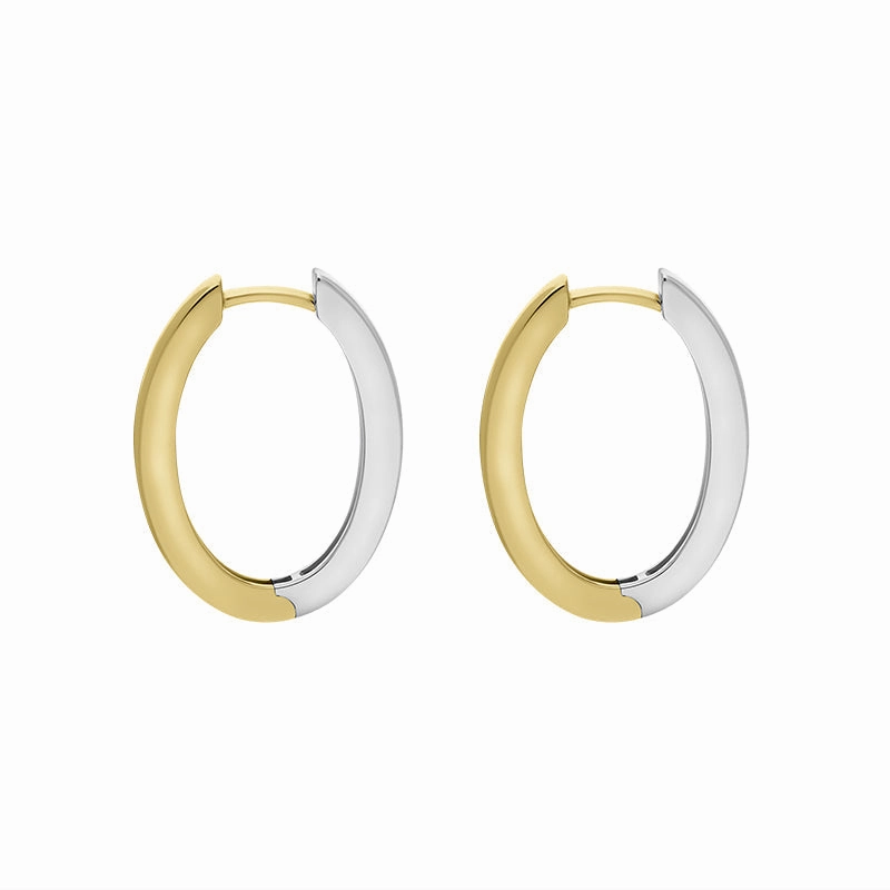 9ct Yellow and White Gold Flat Oval Hoop Earrings