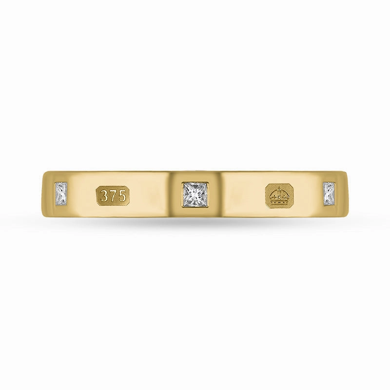 9ct Yellow Gold 0.09ct Diamond Queen's Jubilee Hallmark Princess Cut 3mm Ring D