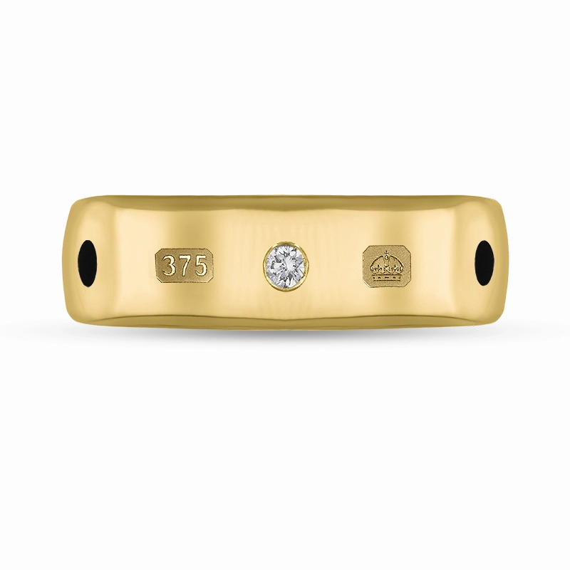 9ct Yellow Gold 0.09ct Diamond Whitby Jet King's Coronation Hallmark 6mm Ring D