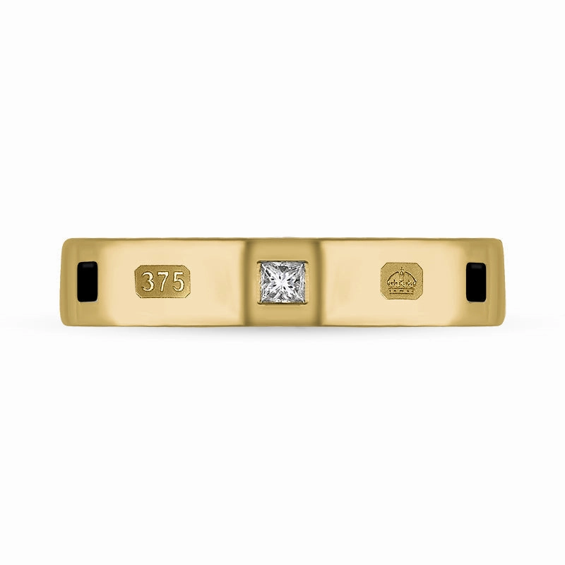 9ct Yellow Gold 0.09ct Diamond Whitby Jet King's Coronation Hallmark Princess Cut 4mm Ring D