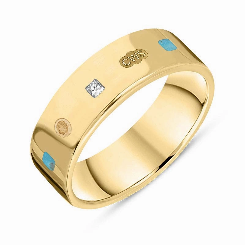 9ct Yellow Gold 0.18ct Diamond Turquoise King's Coronation Hallmark Princess Cut 6mm Ring D