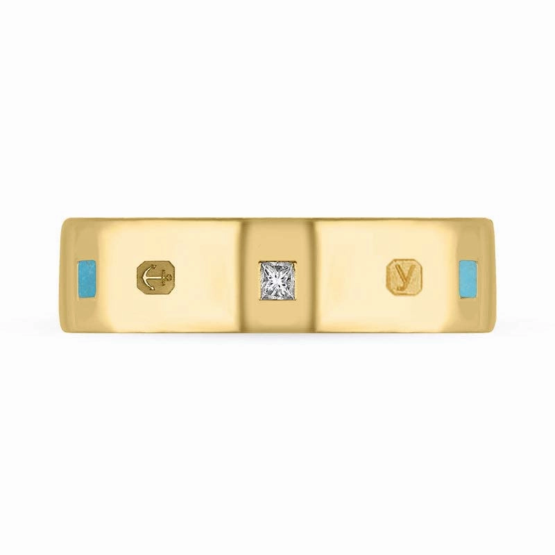 9ct Yellow Gold 0.18ct Diamond Turquoise King's Coronation Hallmark Princess Cut 6mm Ring D