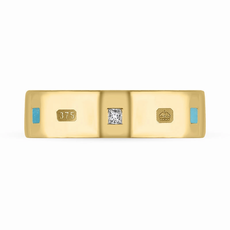 9ct Yellow Gold 0.18ct Diamond Turquoise King's Coronation Hallmark Princess Cut 6mm Ring D