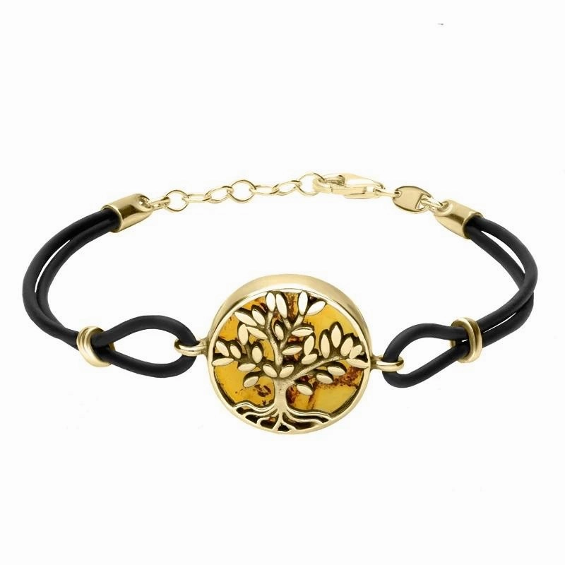 9ct Yellow Gold Amber Cord Round Large Leaves Tree of Life Bracelet