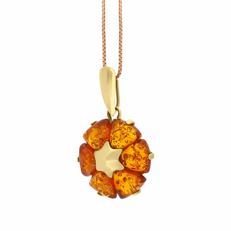 9ct Yellow Gold Amber Flower Pendant Necklace D