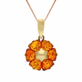 9ct Yellow Gold Amber Flower Pendant Necklace D