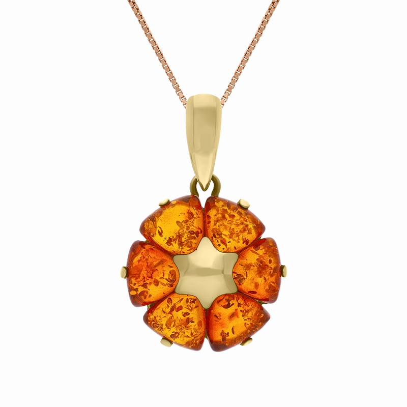 9ct Yellow Gold Amber Flower Pendant Necklace D