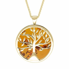 9ct Yellow Gold Amber Large Round Tree of Life Necklace