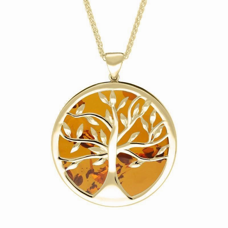 9ct Yellow Gold Amber Large Round Tree of Life Necklace