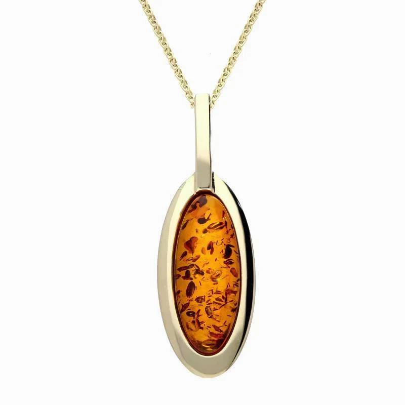 9ct Yellow Gold Amber Long Oval Frame Necklace D