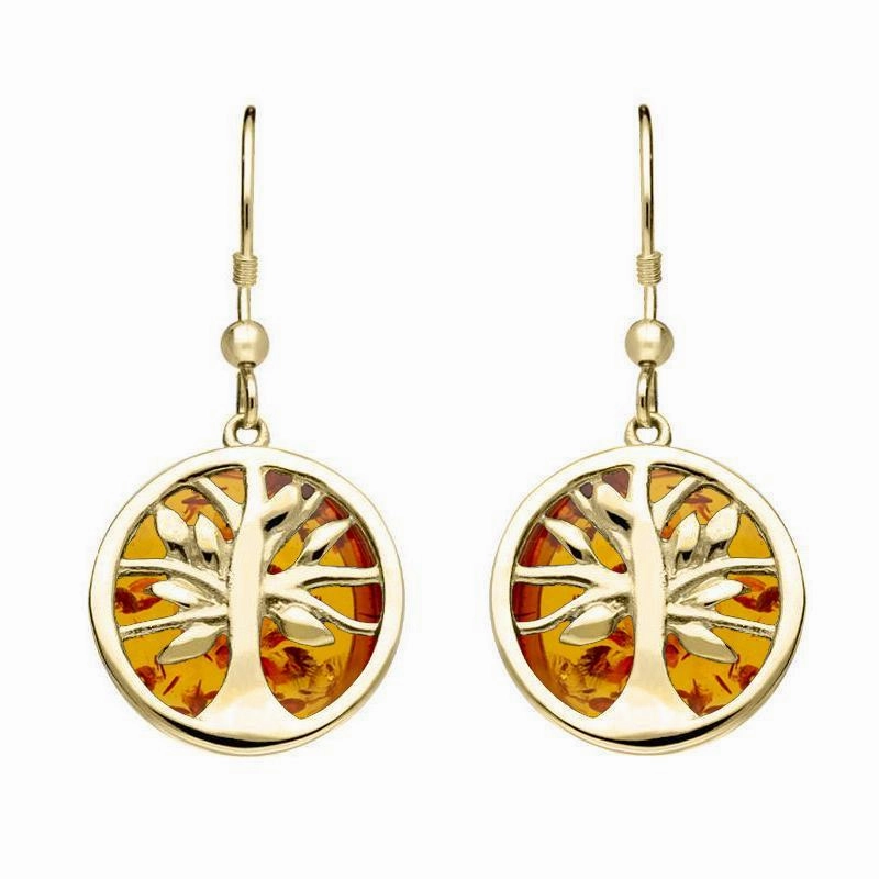 9ct Yellow Gold Amber Round Tree Drop Earrings