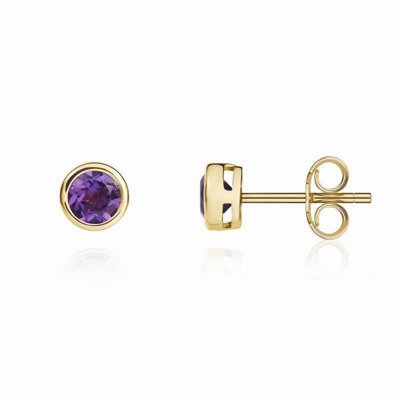 9ct Yellow Gold Amethyst 4mm Round Rub Over Set Stud Earrings