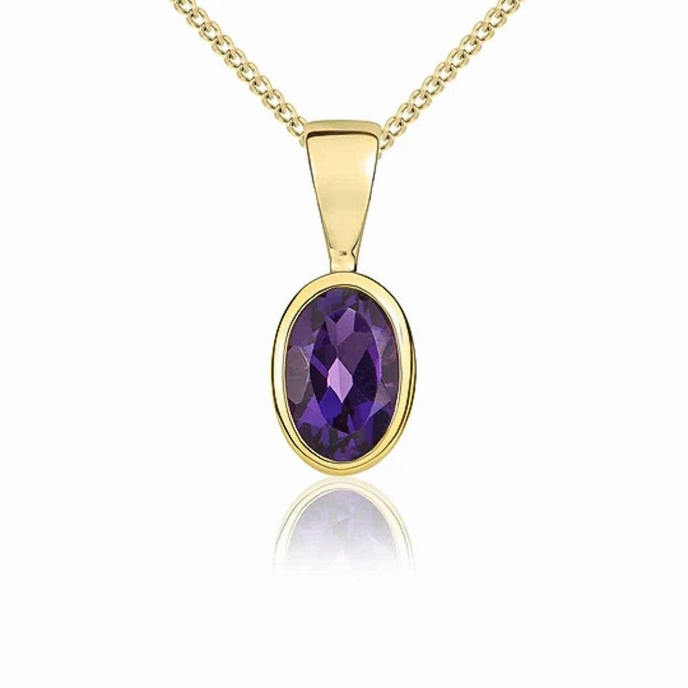 9ct Yellow Gold Amethyst 6x4mm Oval Rub Over Set Pendant