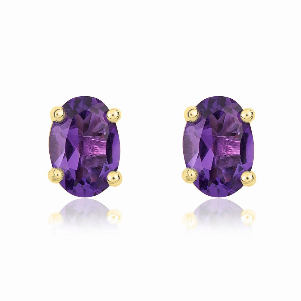 9ct Yellow Gold Amethyst 7x5mm Oval Claw Set Stud Earrings