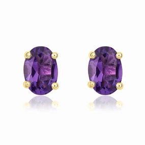9ct Yellow Gold Amethyst 7x5mm Oval Claw Set Stud Earrings