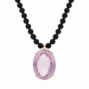 9ct yellow Gold Amethyst Whitby Jet Beaded Necklace D