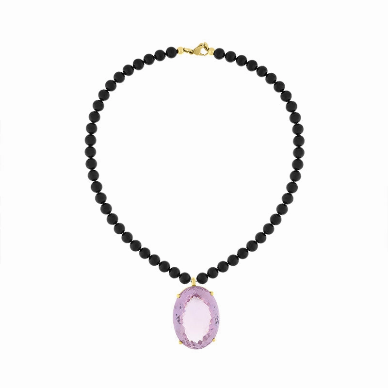 9ct yellow Gold Amethyst Whitby Jet Beaded Necklace D