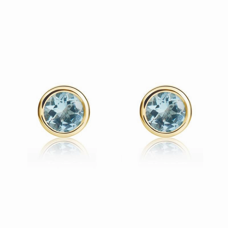 9ct Yellow Gold Aquamarine 4mm Round Rub Over Set Stud Earrings