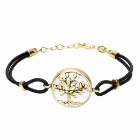 9ct Yellow Gold Bauxite Cord Round Large Leaves Tree Of Life Bracelet