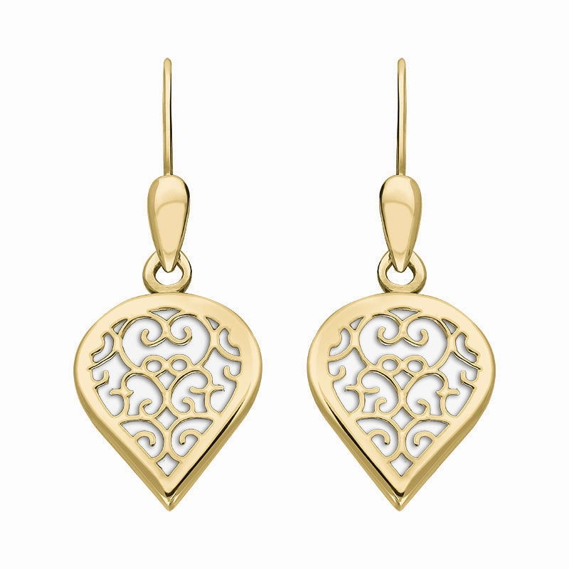 9ct Yellow Gold Bauxite Flore Filigree Heart Drop Earrings