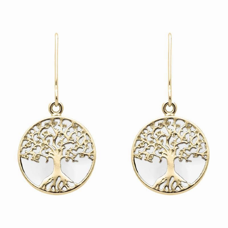 9ct Yellow Gold Bauxite Round Tree of Life Drop Earrings