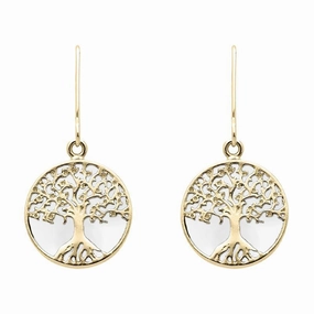 9ct Yellow Gold Bauxite Round Tree of Life Drop Earrings