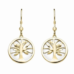 9ct Yellow Gold Bauxite Round Tree of Life Drop Earrings