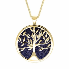 9ct Yellow Gold Blue Goldstone Large Round Tree of Life Necklace