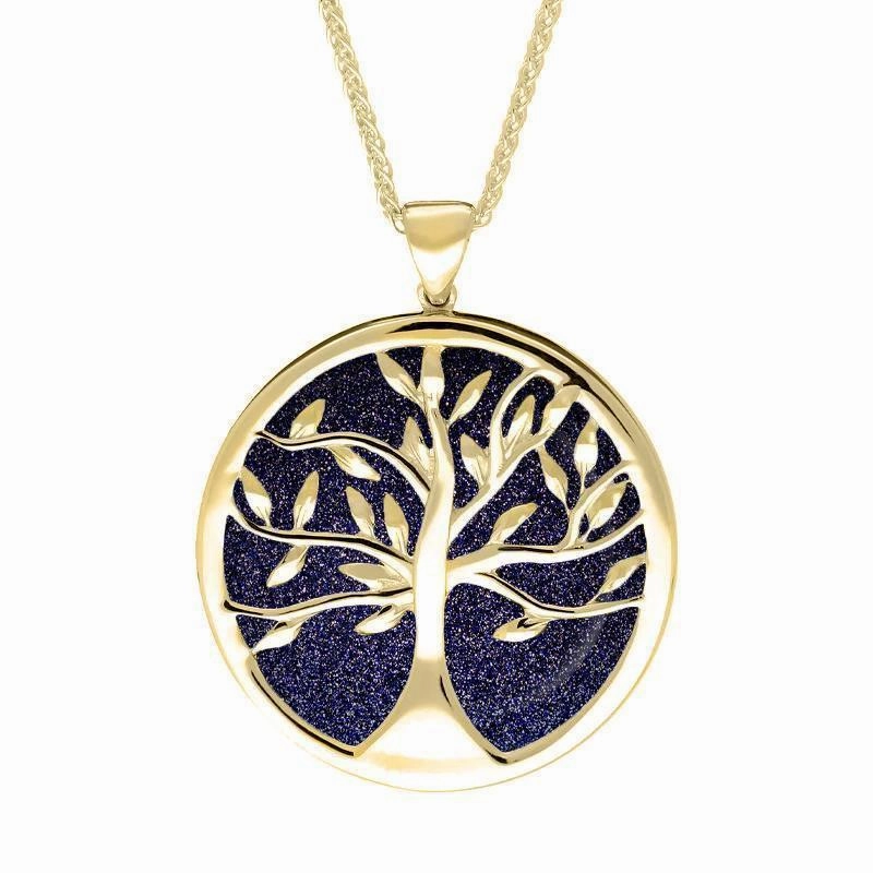 9ct Yellow Gold Blue Goldstone Large Round Tree of Life Necklace