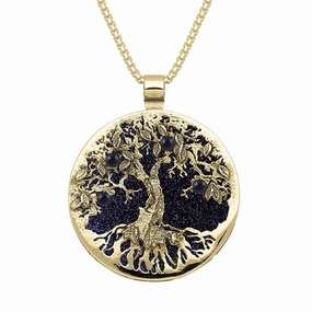 9ct Yellow Gold Blue Goldstone Large Round Tree Of Life Necklace
