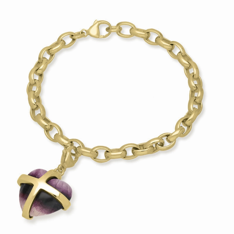 9ct Yellow Gold Blue John Large Cross Heart Charm Bracelet