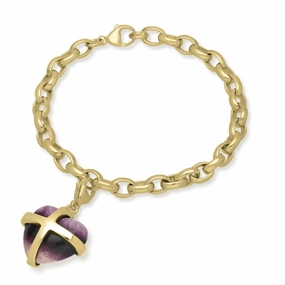 9ct Yellow Gold Blue John Large Cross Heart Charm Bracelet