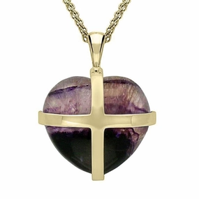 9ct Yellow Gold Blue John Large Cross Heart Necklace