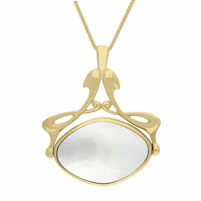 9ct Yellow Gold Blue John Mother Of Pearl Bell Diamond Swivel Fob Necklace