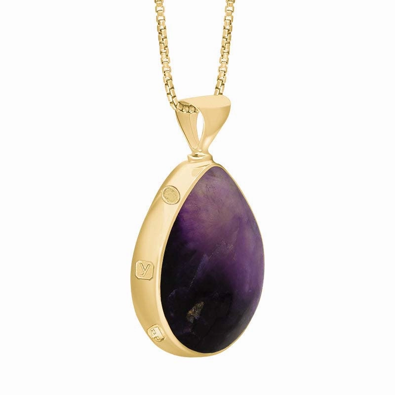 9ct Yellow Gold Blue John Mother of Pearl King's Coronation Hallmark Double Sided Pear-shaped Necklace D