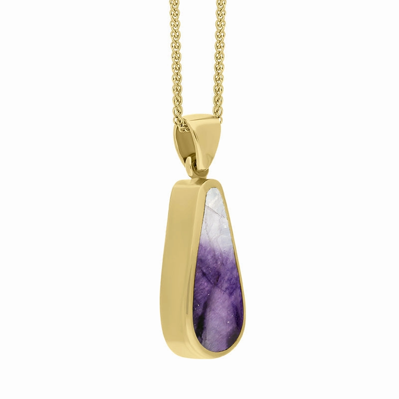 9ct Yellow Gold Blue John Mother Of Pearl Small Double Sided Pear Cut Fob Necklace