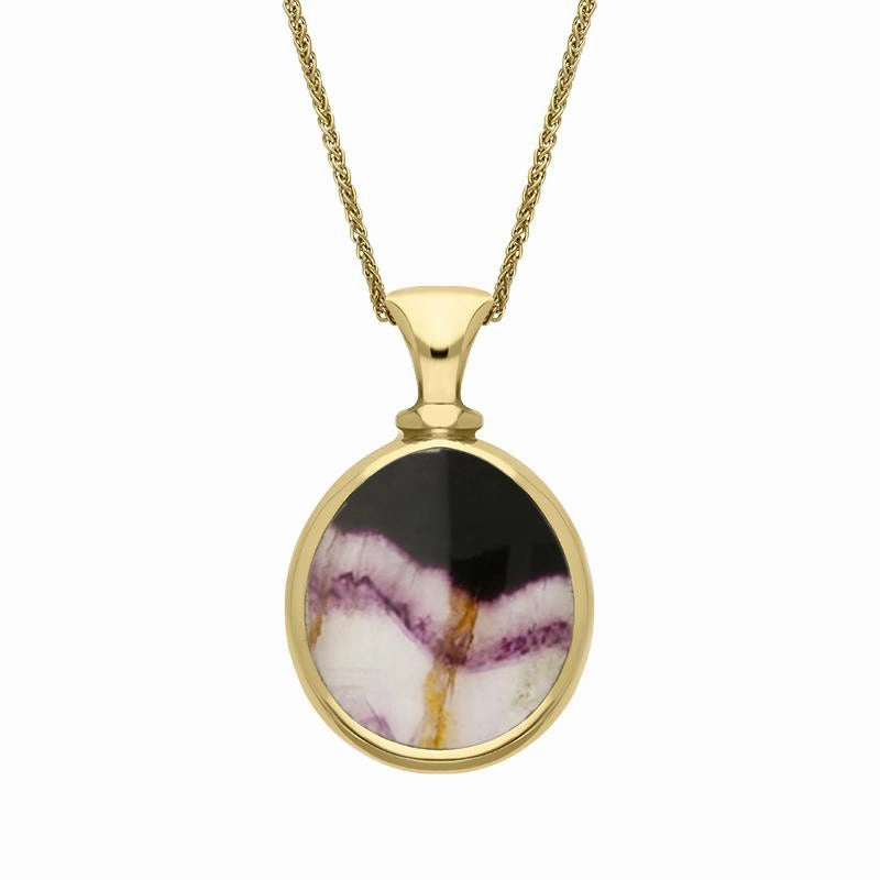 9ct Yellow Gold Blue John Mother Of Pearl Small Double Sided Pear Fob Necklace