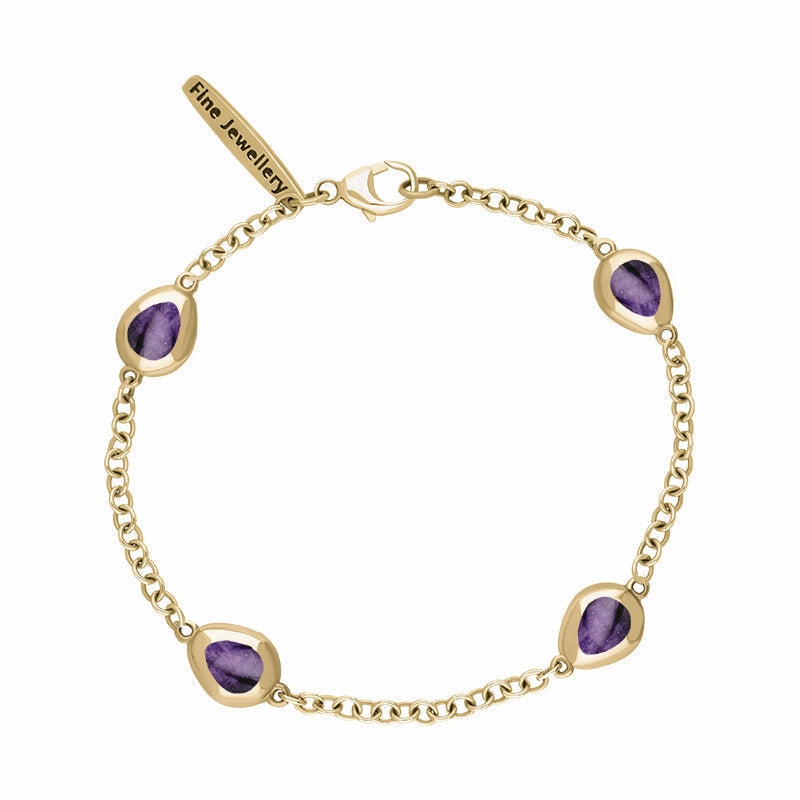 9ct Yellow Gold Blue John Oval Fleur De Lis Detail Four Stone Bracelet