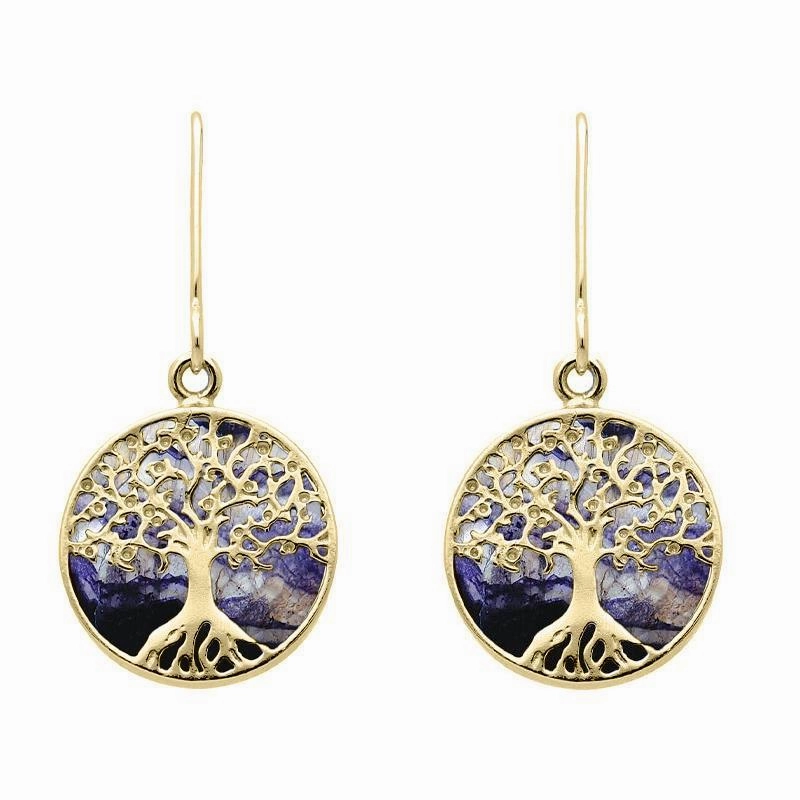 9ct Yellow Gold Blue John Round Tree Drop Earrings