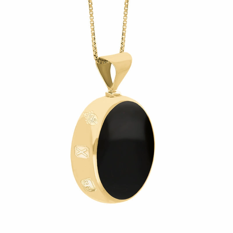 9ct Yellow Gold Blue John Whitby Jet Queens Jubilee Hallmark Double Sided Round Necklace D