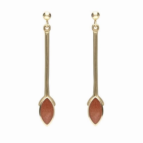 9ct Yellow Gold Brown Goldstone Long Marquise Drop Earrings